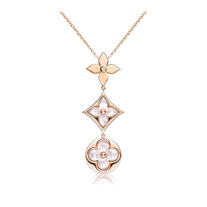 [Regal Gem]COLOR BLOSSOM LARIAT NECKLACE PINK GOLD WHITE MOTHER PEARL AND DIAMOND